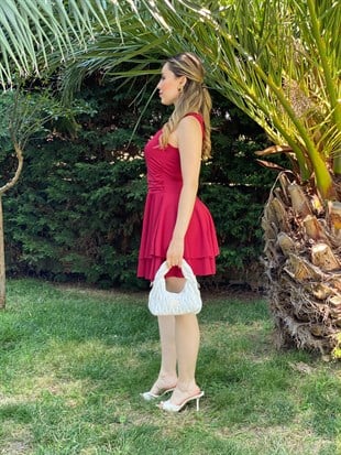 Bordo Renk Likralı Katlı Elbise 