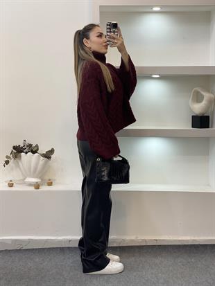 Bordo Saç Örgü Boğazlı Kazak