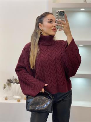 Bordo Saç Örgü Boğazlı Kazak