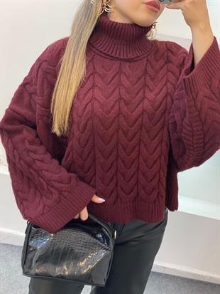 Bordo Saç Örgü Boğazlı Kazak