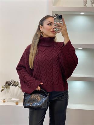 Bordo Saç Örgü Boğazlı Kazak