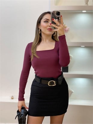 Bordo Sandık Yaka Basic Bluz