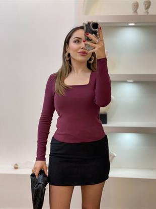 Bordo Sandık Yaka Basic Bluz