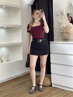 Bordo Sandık Yaka Kısa Kol Basic Bluz
