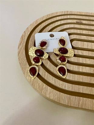 Bordo Taşlı Dörtlü Elegan Küpe