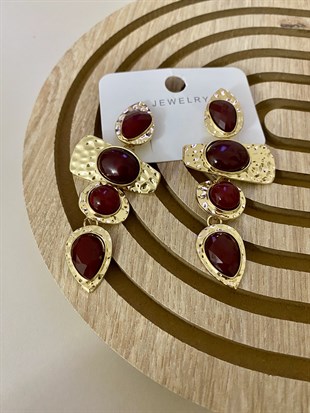 Bordo Taşlı Dörtlü Elegan Küpe