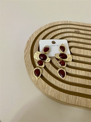 Bordo Taşlı Dörtlü Elegan Küpe
