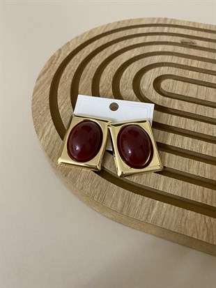 Bordo Taşlı Gold Plaka Küpe 