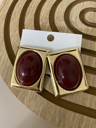 Bordo Taşlı Gold Plaka Küpe 