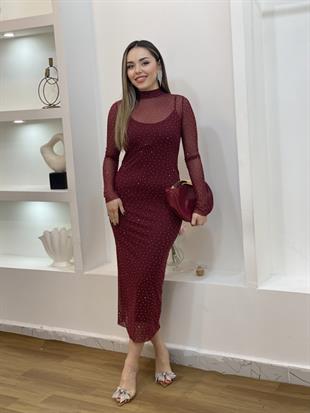 Bordo Taşlı Model Tül Elbise