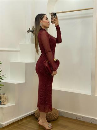 Bordo Taşlı Model Tül Elbise