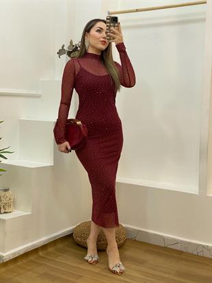 Bordo Taşlı Model Tül Elbise
