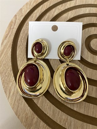 Bordo Taşlı Sallantılı Küpe 