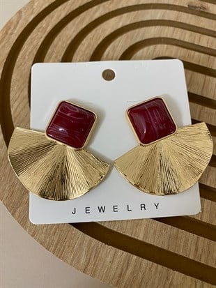 Bordo Taşlı Yelpaze Küpe 