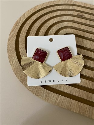 Bordo Taşlı Yelpaze Küpe 