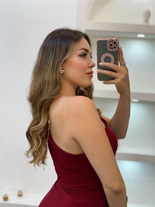 Bordo Tek Omuz Gold Toka Detaylı Elbise