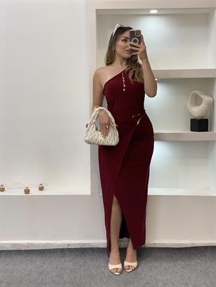 Bordo Tek Omuz Gold Toka Detaylı Elbise