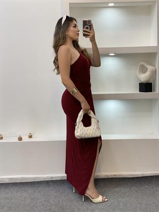 Bordo Tek Omuz Gold Toka Detaylı Elbise