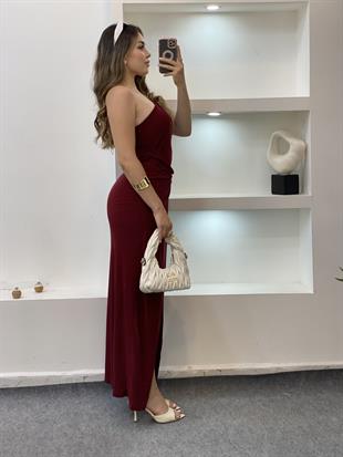 Bordo Tek Omuz Gold Toka Detaylı Elbise