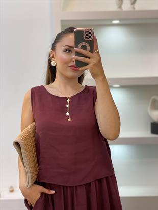 Bordo Tensel Bluz Etek Takım