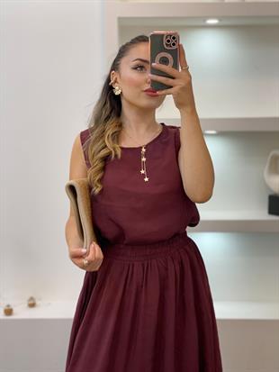 Bordo Tensel Bluz Etek Takım