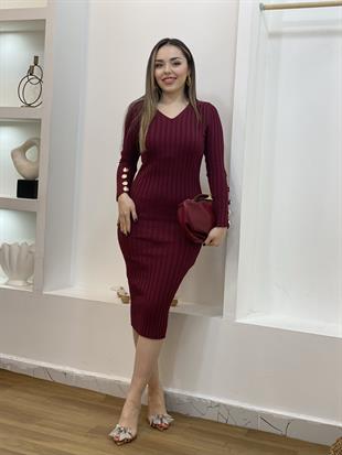 Bordo V Yaka Bilek Gold Düğmeli Triko Elbise