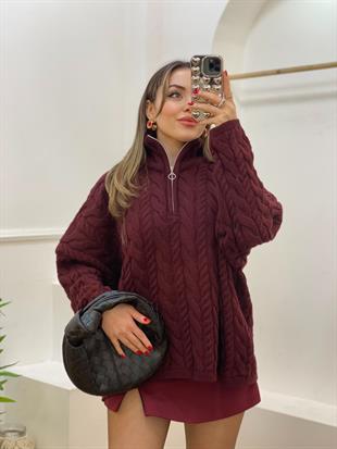 Bordo Yaka Fermuarlı Kazak