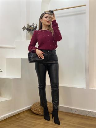 Bordo Yakası Taşlı Yumoş Dokulu Kazak