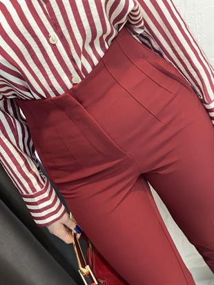 Bordo Yüksek Bel Pensli Kumaş Pantolon 