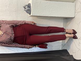 Bordo Yüksek Bel Pensli Kumaş Pantolon 