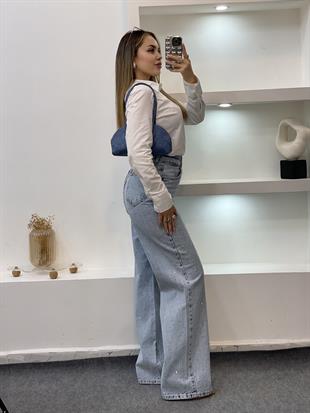 Buz Mavi Full Ön Ve Arkası Taşlı Palazzo Jean 