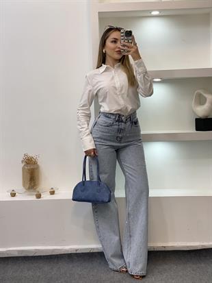 Buz Mavi Full Ön Ve Arkası Taşlı Palazzo Jean 