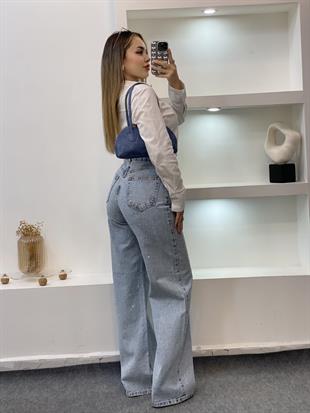 Buz Mavi Full Ön Ve Arkası Taşlı Palazzo Jean 