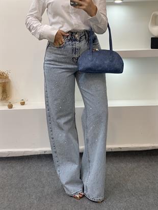 Buz Mavi Full Ön Ve Arkası Taşlı Palazzo Jean 