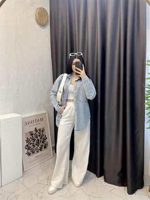 Buz Mavi Önü Cepli Kot Ceket 