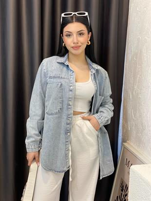 Buz Mavi Önü Cepli Kot Ceket 