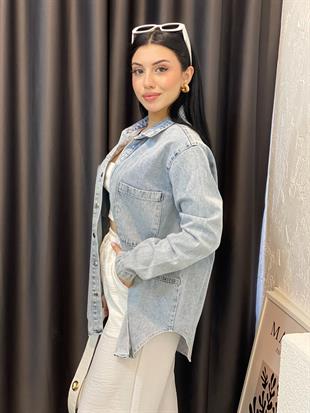 Buz Mavi Önü Cepli Kot Ceket 