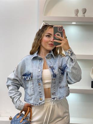 Buz Mavi Önü Cepli Spor Kot Ceket 