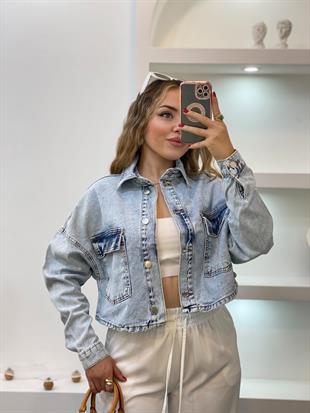 Buz Mavi Önü Cepli Spor Kot Ceket 
