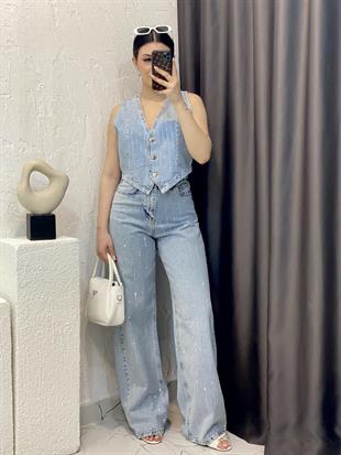 Buz Mavi Parıltılı Çizgi Taşlı Palazzo Jean 