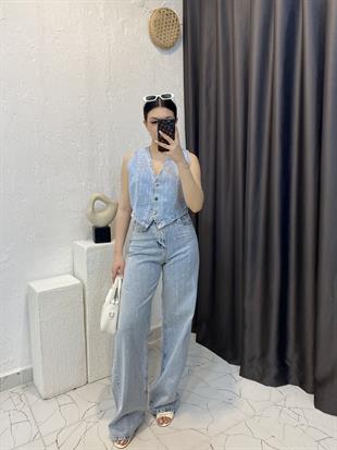 Buz Mavi Parıltılı Çizgi Taşlı Palazzo Jean 