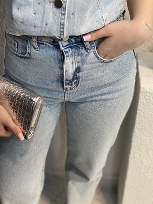 Buz Mavi Parıltılı Taşlı Jean 