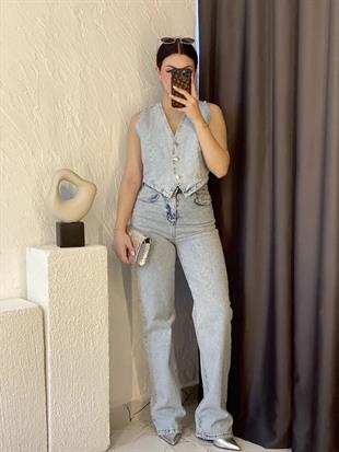 Buz Mavi Parıltılı Taşlı Jean 