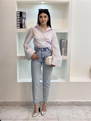 Buz Mavi Taşlı Boyfit Jean 