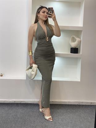 Çağla Yeşili Premium Kalite Sırt Dekolteli Elbise