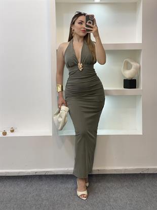 Çağla Yeşili Premium Kalite Sırt Dekolteli Elbise