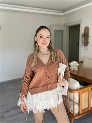 Camel Dantel Detay Kolları Büzgülü Model Hırka