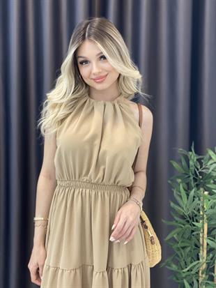 Camel Halter Yaka Beli Lastikli Elbise
