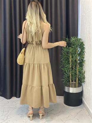 Camel Halter Yaka Beli Lastikli Elbise