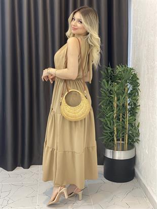 Camel Halter Yaka Beli Lastikli Elbise